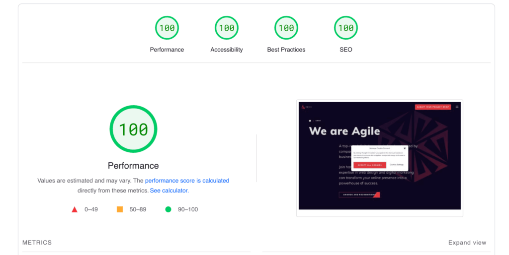 Agile Site - Google pagespeed Score